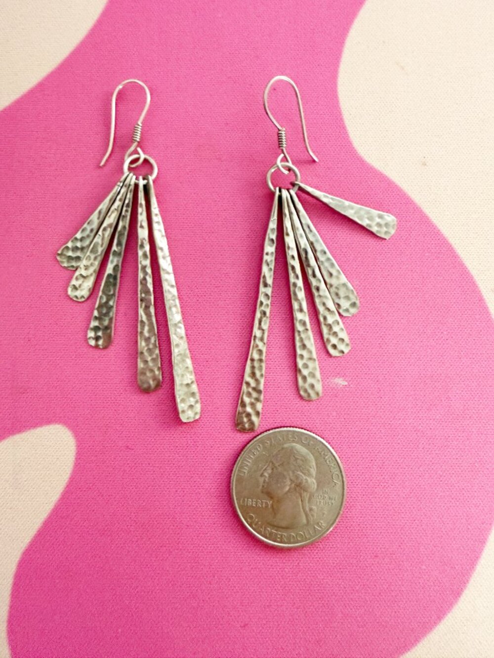 Sterling Silver 925 Mexico Hammered Dangle Drop Earrings - Picture 2 of 6